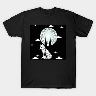 Black and White Geometric Fox Minimalist Forest At Night T-Shirt